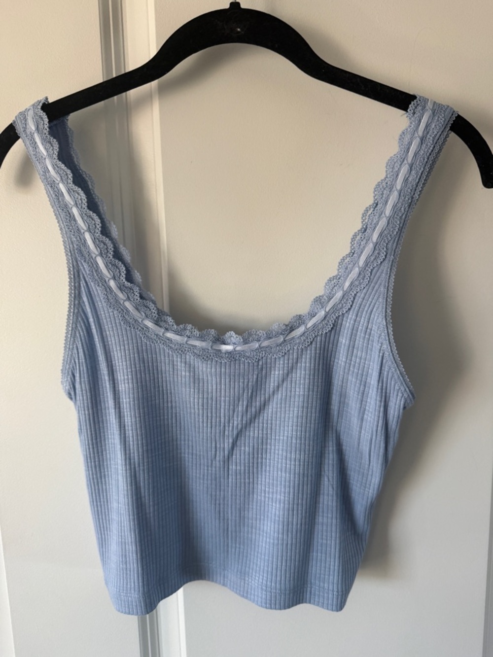 aerie Blue Ribbed Lace-Trim crop Tank top